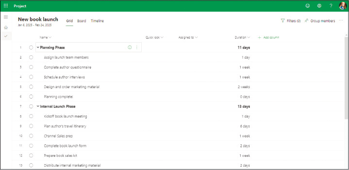 A screenshot of Project for the web Timeline view showing tasks imported from Project desktop. 