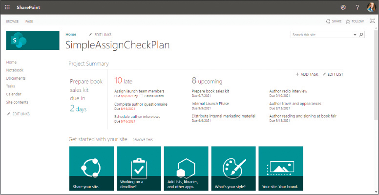 A screenshot of the Project Summary page in SharePoint showing tasks due now, late tasks, and upcoming tasks.