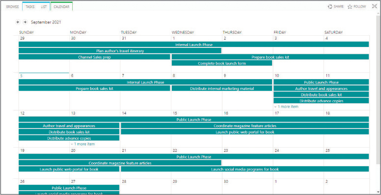 A screenshot of the Tasks page in SharePoint showing the Calendar view.