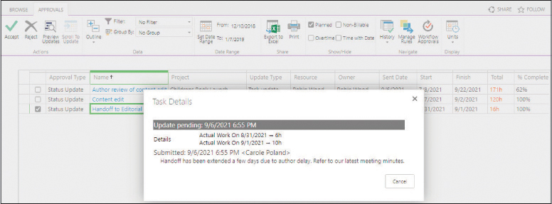 A screenshot of the Task Details dialog showing notes for a task pending approval.