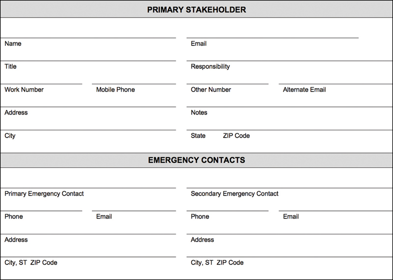 A screenshot shows the stakeholder and emergency contact card example.