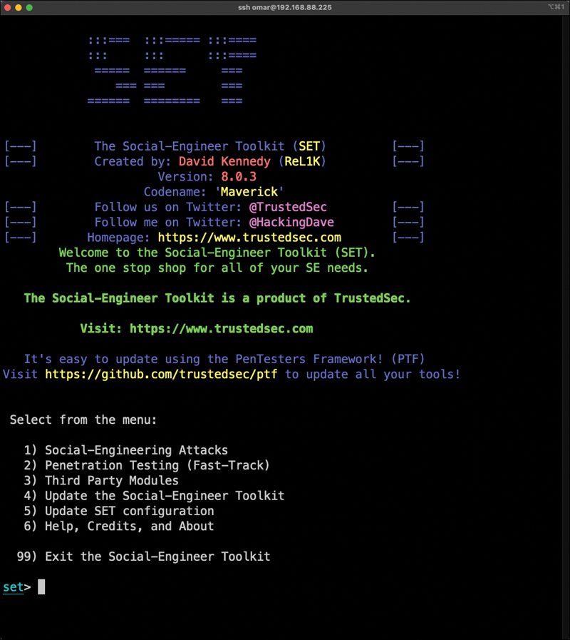 A screenshot shows the terminal window with the Social-Engineer Toolkit main menu. The welcome to SET greeting lines are shown on top and the main menu is listed below it with serial numbers to select.