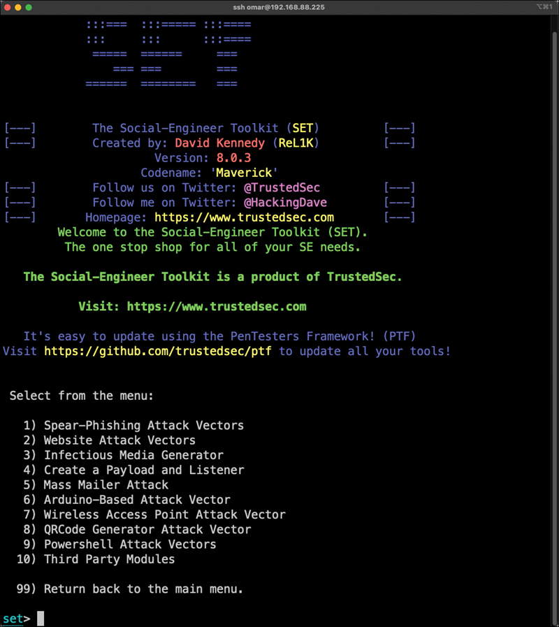A screenshot shows the terminal window with the Social-Engineer Toolkit main menu. The welcome to SET greeting lines are shown on top. The Social Engineering attack menu with 10 options are listed below it with serial numbers.