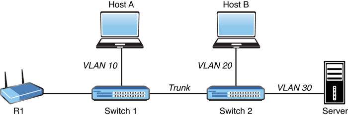A diagram for understanding VLANs is show. The Router R 1 is connected in sequence to the switch 1 and switch 2 through Trunk and then to the Server through VLAN 30. The switch 1 and 2 are connected parallely to host A and B through VLAN 10 and VLAN 20 respectively.