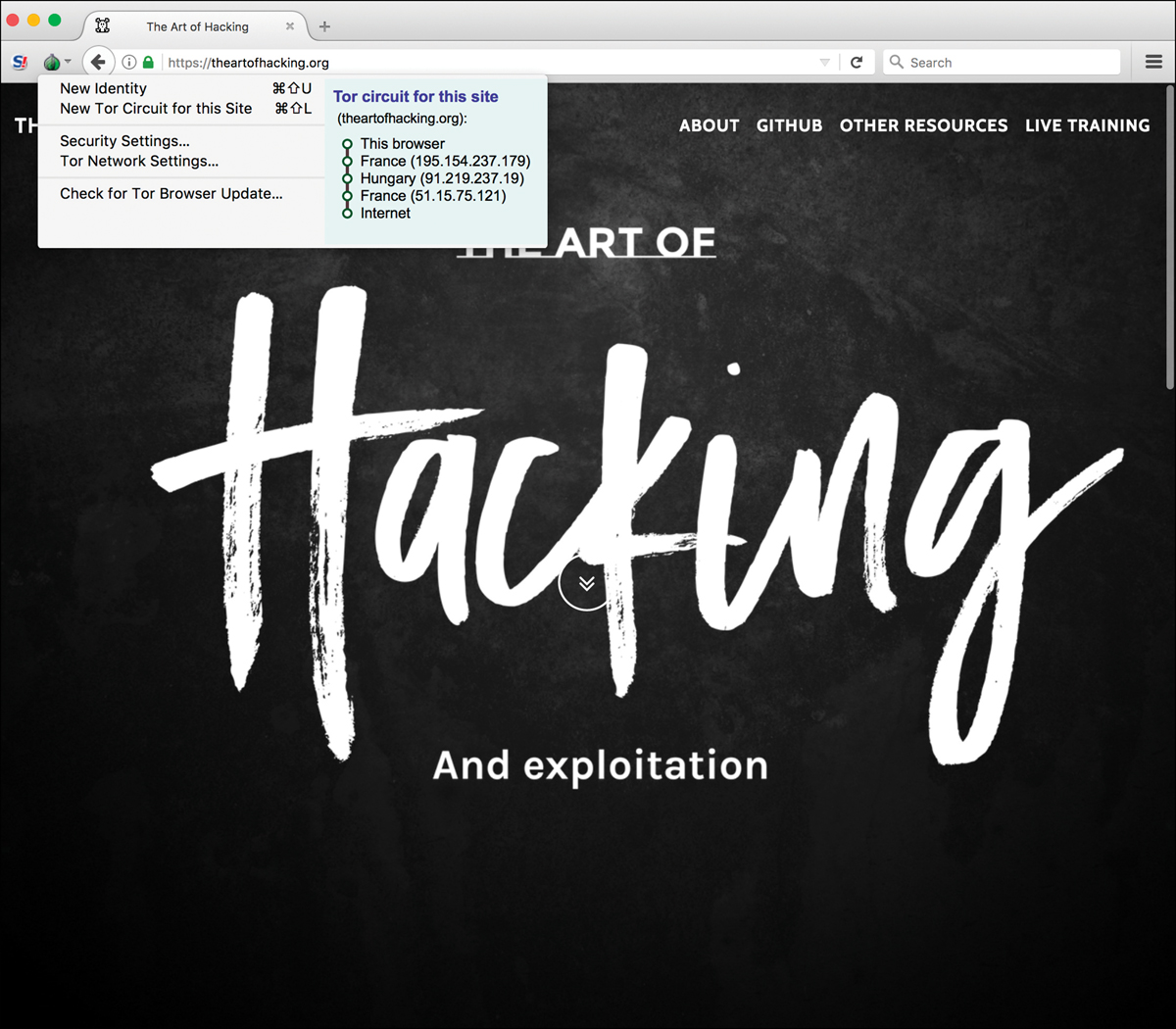 A screenshot shows the Tor browser window that displays the web page for the art of hacking.org. The drop down menu from the tool bar lists few options.