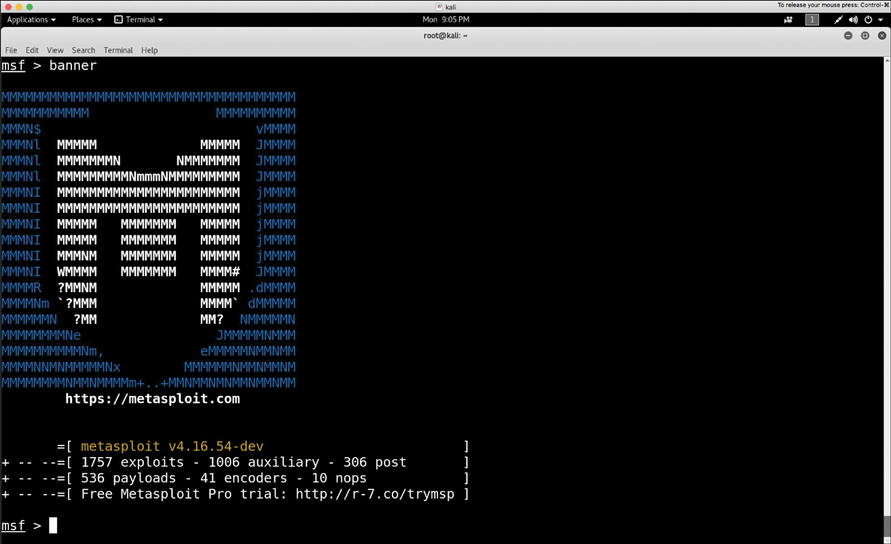 A screenshot shows a terminal that displays a logo for Metasploit in double color formed by using words and symbols. The details of the Metasploit are listed below it.