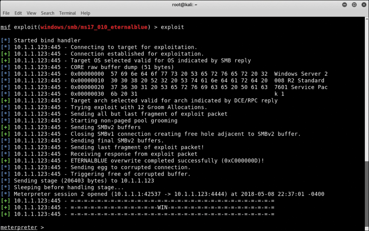 A screenshot shows a terminal window. The first line reads exploit. The meterpreter session statements are list below starting with the bind handler.