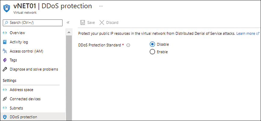 A screenshot of the DDoS Protection tab in the Virtual Network wizard in the Azure Portal is shown, with the DDoS Protection Standard option set to Disable. 