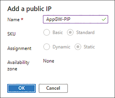 A screenshot of the Add a Public IP dialog box, with AppGW-PIP in the Name box.