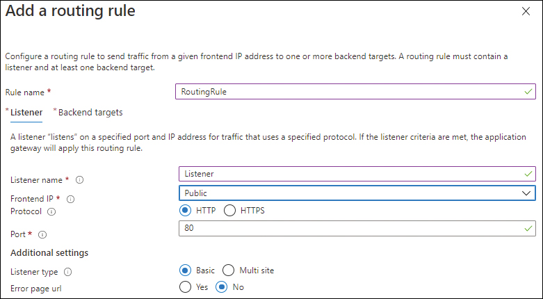 A screenshot of the Listener tab in the Add a Routing Rule settings. Rule Name is set to RoutingRule, Listener Name is set to Listener, Frontend IP is set to Public, Protocol is set to HTTP, and Port is set to 80. Under Additional Settings, Listener Type is set to Basic, and Error Page URL is set to No.