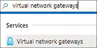 This figure shows a screenshot of the search tab in the Azure Portal with a search for virtual network gateways. The virtual network gateways service is filtered under the Services option.