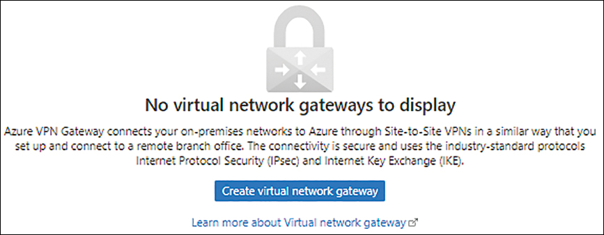 This figure shows a screenshot of the Create Virtual Network Gateway button. Clicking this button initiates the creation on a virtual network gateway.