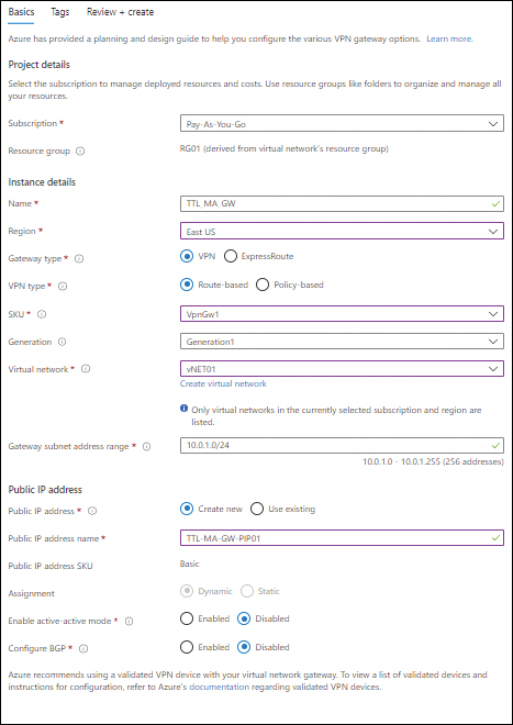 This figure shows a screenshot of the Basics tab in the Create Virtual Network Gateway wizard in the Azure Portal. Subscription is set to Pay-As-You-Go. Resource Group is automatically set to RG01. Name is set to TTL MA GW. Region is set to East US. Gateway Type is set to VPN. VPN Type is set to Route-Based. SKU is set to VpnGw1. Generation is set to Generation1. Virtual Network is set to vNET01. Gateway Subnet Address Range is set to 10.0.1/24. Public IP Address is set to Create New. Public IP Address Name is set to TTL-MA-GW-PIP01. Public IP Address SKU is set to Basic. The Assignment options are grayed out. Enable Active-Active Mode is set to Disabled. Configure BGP is set to Disabled.