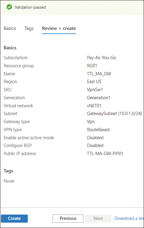 This figure shows a screenshot of the Review + Create tab in the Create Virtual Network Gateway wizard, with all the options as set in the earlier sections.