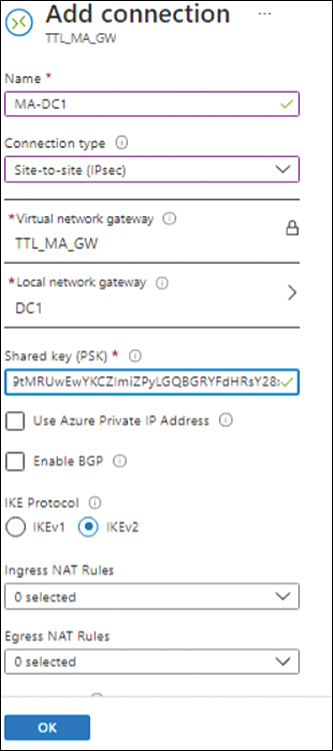 This figure shows a screenshot of the Add Connection options. Name is set to MA-DC1. Connection Type is set to Site-to-Site (IPsec). Virtual Network Gateway is set to TTL_MA_GW. Local Network Gateway is set to DC1. A shared key has been entered in the Shared Key (PSK) box. Use Azure Private IP Address is unchecked. Enable BGP is unchecked. IKE Protocol is set to IKEv2.