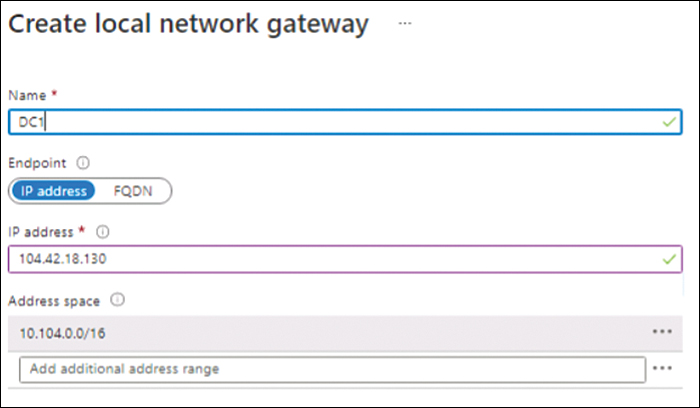 This figure shows a screenshot of the Create Local Network Gateway options. Name is set to DC1. Endpoint is set to IP Address. IP Address is set to 104.42.18.130. Address Space is set to 10.104.0.0/16. 