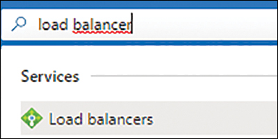 This figure shows a screenshot of the search tab in the Azure Portal with a search for load balancer. The load balancers service is filtered under the Services option.