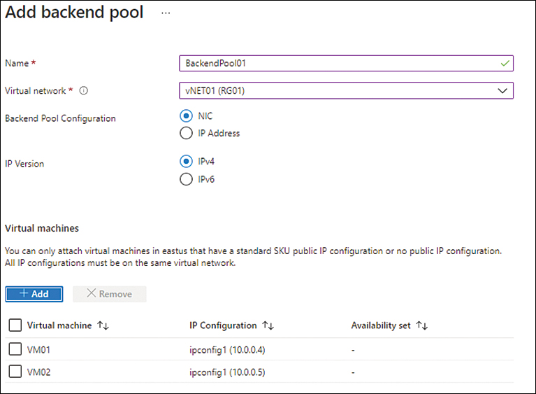 This figure shows the Add Backend Pool settings with the selected VMs listed.
