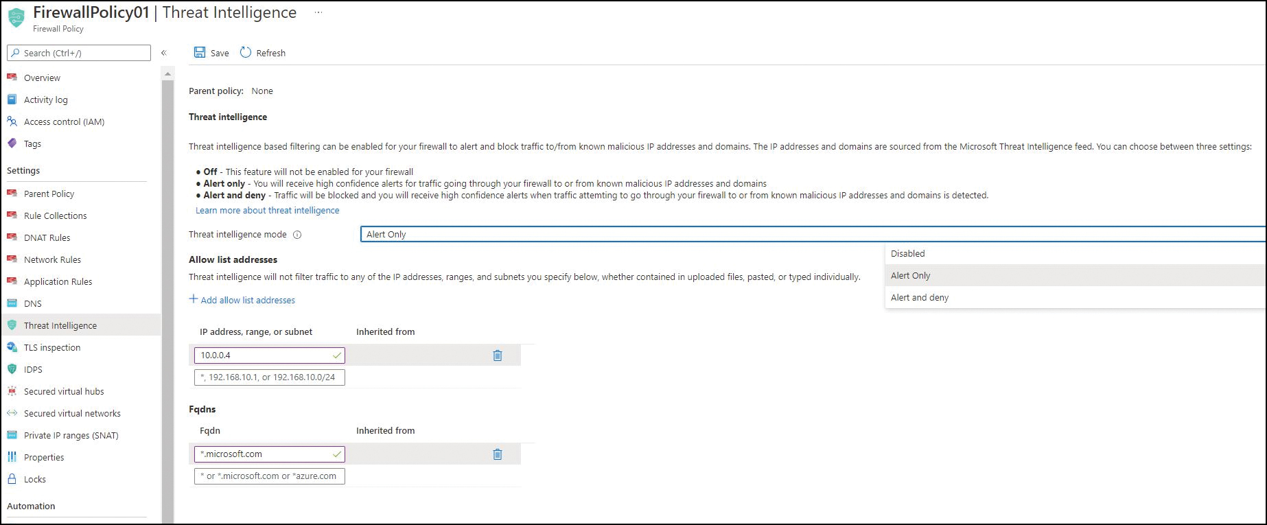 This figure shows the Threat Intelligence settings in the FirewallPolicy01 blade. Threat Intelligence mode is set to Alert Only. IP Address, Range, or Subnet is set to 10.0.0.4. FQDNs is set to *.microsoft.com.