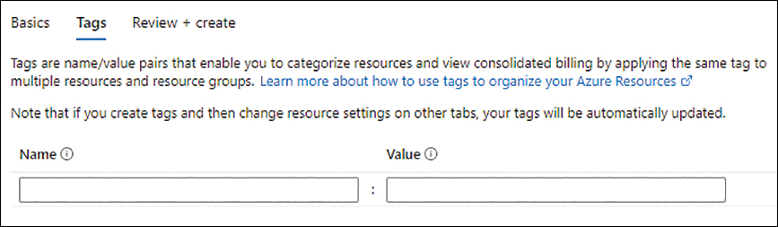 A screenshot of the Tags tab in the Azure Portal is shown. No tags are set.
