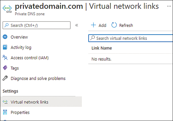 A screenshot showing the configuration page for the private DNS zone you just created. The Virtual Network Links option is highlighted for selection in the left pane and the Add button is visible in the right pane.