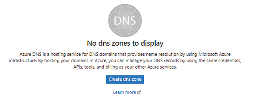 A screenshot showing the option to initiate the Create DNS Zone wizard is shown.