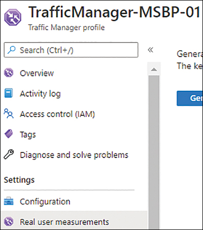 A screenshot of the configuration blade for Traffic Manager profiles is shown, with the Real User Measurements option selected.