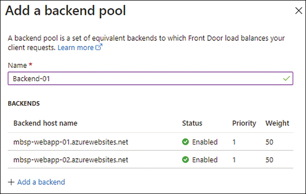 A screenshot of the Add a backend pool wizard is shown. Both the back-end hosts added to the pool are shown with Enabled status, Priority of 1, and Weight of 50.