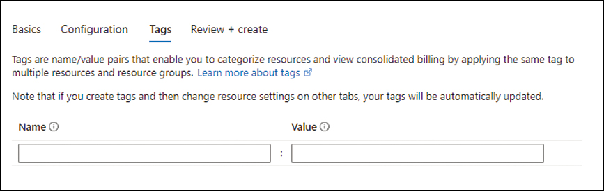 A screenshot of the Tags option in the Azure Portal is shown. No tags have been set.