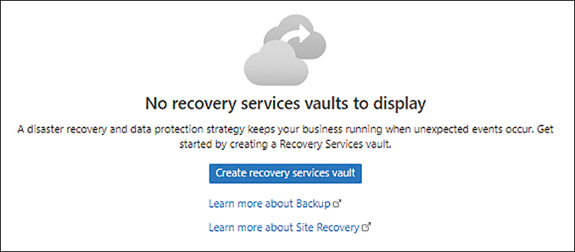 A screenshot showing the Create Recovery Services Vault button in the Azure Portal.