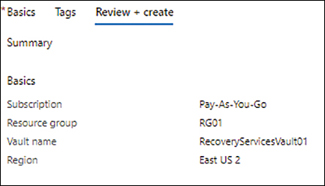 A screenshot showing the Review + Create tab in the Create Recovery Services Vault wizard in the Azure Portal. It summarizes the information entered in the previous tabs.
