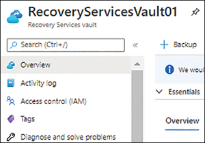 A screenshot showing the Recovery Service Vault01 configuration screen with the Backup button visible.