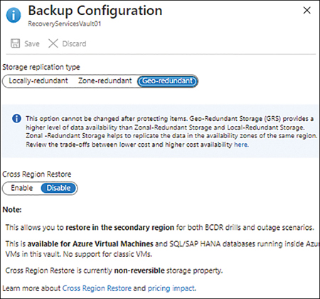 A screenshot showing the Backup Configuration page with the Storage Replication Type set to Geo-Redundant and the Cross Region Restore set to Disable.