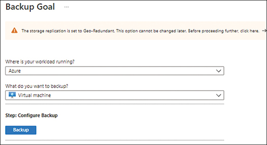 A screenshot showing the Backup Goal wizard with the Where Is Your Workload Running? set to Azure and What Do You Want to Backup? set to Virtual Machine.