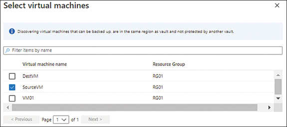A screenshot showing the page to select virtual machines with the Resource Group associated.