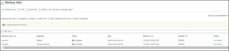 A screenshot showing the Backup jobs in progress or complete with the associated status and the detailed information related to each of them.