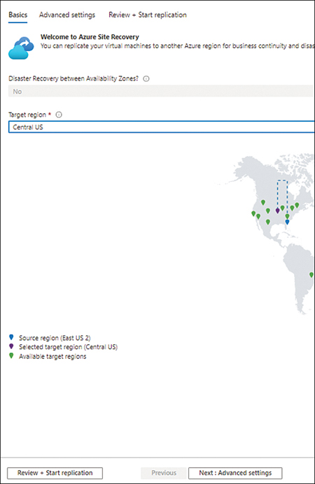 This figure shows a screenshot of the Basics tab in the Azure Site Recovery wizard. Target Region is set to Central US.