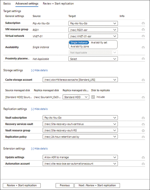 This figure shows a screenshot of the Advanced Settings tab. Subscription is set to Pay-As-You-Go. VM Resource Group is set to RG01-asr. Virtual Network is set to VNET01-asr. Availability is set to Single Instance. Proximity Placement Group is set to Select. Cache Storage Account is set to alovhfsiterecovasrcache (Standard_LRS). Replica Managed Disk is set to Standard HDD. Vault Subscription is set to Pay-As-You-Go. Recovery Services Vault is set to Site-recovery-vault-centralus. Vault Resource Group is set to Site-recovery-vault-RG. Replication Policy is set to 24-hour-retention-policy. Update Settings is set to Allow ASR to manage. Automation Account is set to site-reco-bce-asr-automationaccount.
