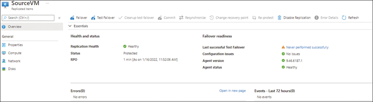 This figure shows a screenshot of the SourceVM Overview page with the Replication Health status as Healthy and the Status as Protected.