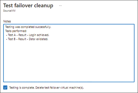 This figure shows a screenshot of the Test Failover Cleanup dialog box with some notes on the testing performed and the Testing Is Complete. Delete Test Failover Virtual Machine(s) check box selected.
