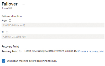 This figure shows a screenshot of the Failover dialog box. It shows the failover direction and recovery point set earlier. The Shut Down Machine Before Beginning Failover check box is selected.