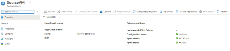 This figure shows a screenshot of the SourceVM Overview page. Replication Health is shown as none, Status as Failover Completed, and RPO as none.