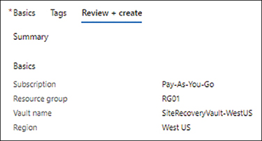 This figure shows a screenshot of the Review+ Create page with the summary of the information recorded earlier.