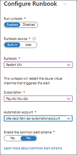 The figure shows a screenshot of the Configure Runbook with the Run Runbook filtered on Enabled, the Runbook Source filtered on Built-in. The Runbook is filtered on Restart VM, and the Subscription is filtered on Pay-As-You-Go with the Automation Account set on site-reco-fam-asr-automationaccount. The Enable the Common Alert Schema button is set up on No.