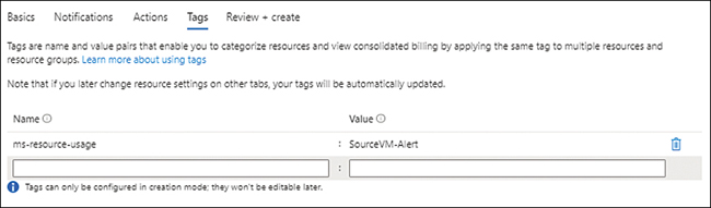 The figure shows a screenshot of the Tags tab with the Name mentioned as ms-resource-usage and the Value as SourceVM-Alert.