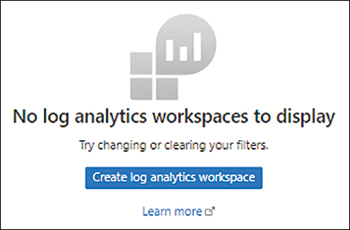 The figure shows a screenshot of a pop-up mentioning that currently No Log Analytics Workspaces to Display with the button to click Create a Log Analytics Workspace.