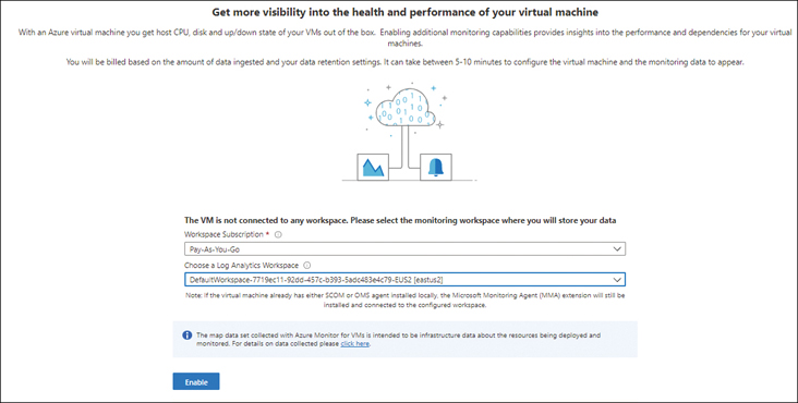 The figure shows a screenshot of the Azure Monitor with the Workspace Subscription set as Pay-As-You-Go and the Choose a Log Analytics Workspace field set up as DefaultLogAnalyticsWorkspace [eastus2]. Once these have been selected, you can click the Enable button at the bottom left.