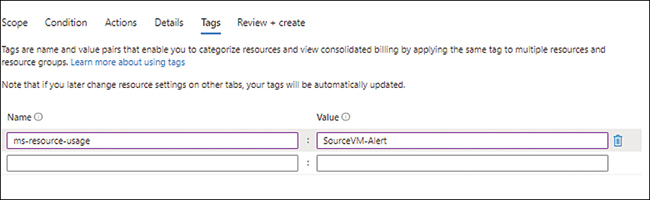 The figure shows a screenshot of the Create an Alert Rule wizard, under the Tags tab, with the Name section set as ms-resource-usage and the Value set as SourceVM-Alert.
